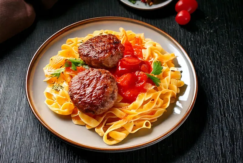 Mid-week meat patties with tomato and capsicum pasta sauce